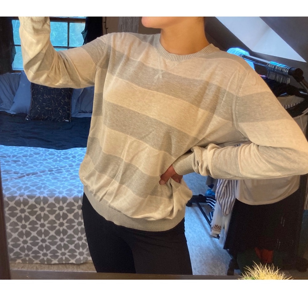 Striped Crewneck Sweater in Light Beige and Gray